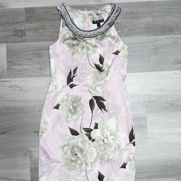 connected apparel Dresses & Skirts - A-line Short Sundress-Large White Roses-Pink Silver Beaded High Halter Neckline